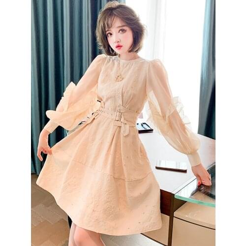 Top Quality Perspective yarn Lantern Sleeve lace jacquard belt umbrella dress summer new