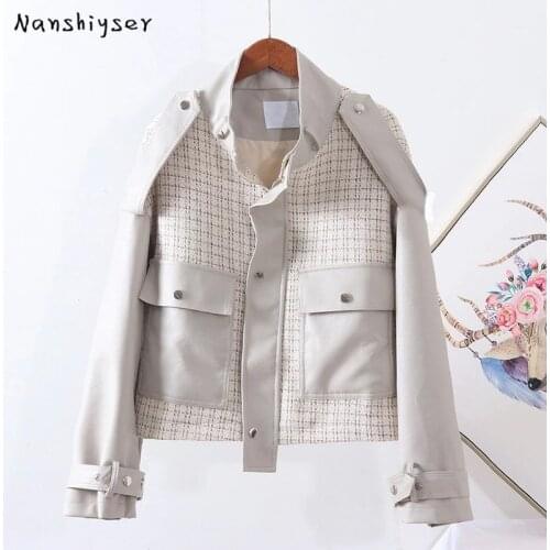 Autumn Korean Women Patchwork Faux leather jacket Female Casual Chaqueta motociclista Stand collar Zipper Chaqueta cuero mujer