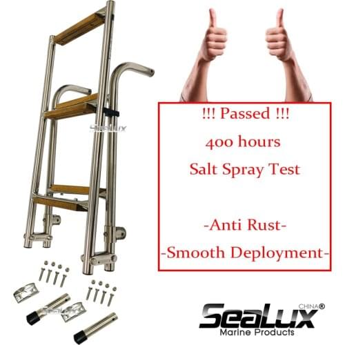 Sealux Stainless Steel 304 2+3 Steps Folding Ladder Boarding Ladder with Teak steps for Marine Boat Yacht Fishing Sail