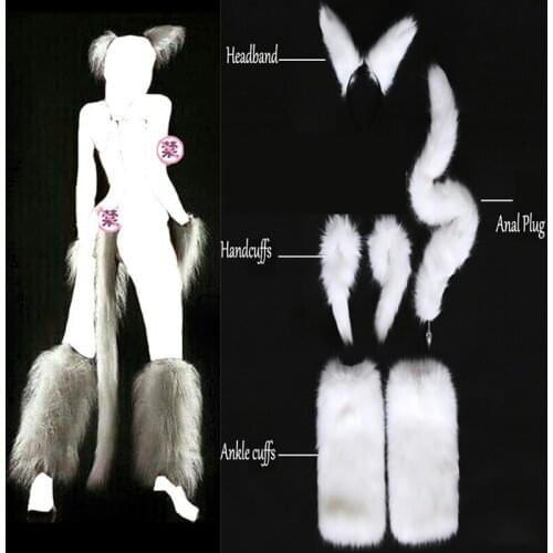 Fox Tail Cosplay Sex Products For Adult Game Long Fox Tail Butt Plug+Wrist Hand Cuffs +Leg Ankle Cuffs +Headband Sex Wear Toys