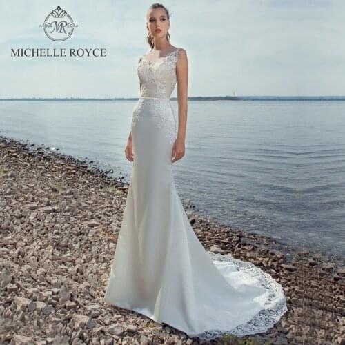Michelle Royce Mermaid Wedding Dresses 2020 O-Neck Cut-Out Appliques Illusion Button Court Train Bride Gowns Vestido De Novia