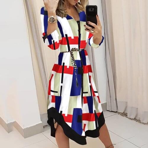 Fashion Elegant Official Long Maxi Dress Women Summer High Waist Muticolor Print Asymmetric Hem Dresses Basic Daily Dress