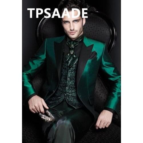 New Arrivals Italian Green Men Suits Satin Slim Fit Formal Groom Ball Gown Tuxedo Male Coat 3 piece Blazer Jacket + Pants + Vest