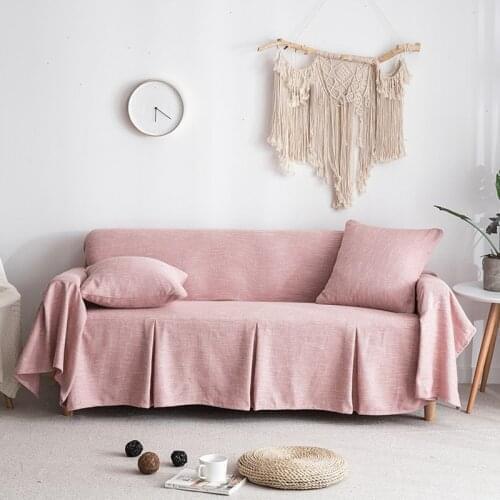 Solid Color Cotton Linen Fabric All Cover Sofa Towel Non-Slip With Skirts Single/Two/Three-Seat