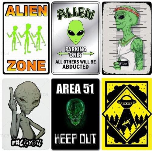 Alien Zone Beware of Aliens Vintage Tin Sign Wall Art Metal Poster Iron Plate Retro Plaque for Club Bar Pub Home Decoration
