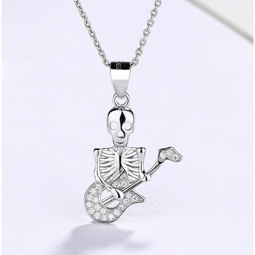 CHB57 925 Sterling Silver Skull Guitar Pendant Necklaces 925 Silver Necklace