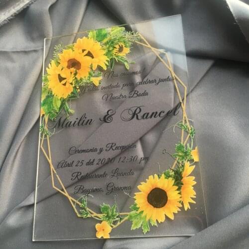Transparent wedding invitation cards 10pcs sunflower design rectangle cards with box