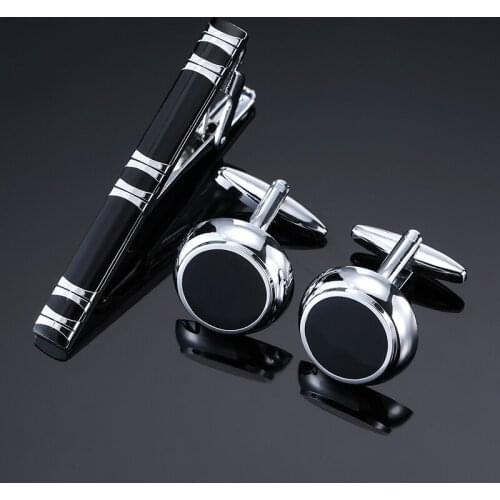 Drop Shipping Enamel black round Necktie Set Tie Bar Cufflinks Tie Clip High Quality Cuff Links Tie Pin Men Jewelry