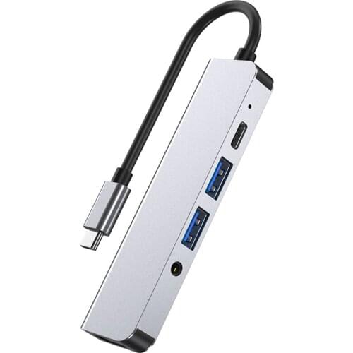 Laptop Expansion Five-In-One TYPE-C One HDMI, Two USB, One Audio, One PD Dock Aluminum Alloy Case for Windows MAC