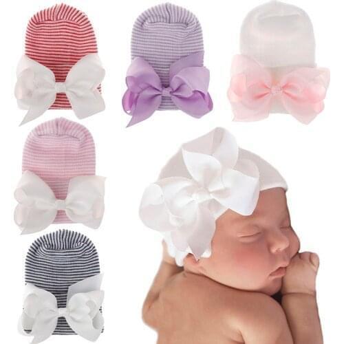 Newborn Baby Hat Infant Toddler Girl Big Bowknot Soft Hospital Caps Warm Beanie Cute Comfy Striped Caps Hat Accessories for 0-3M
