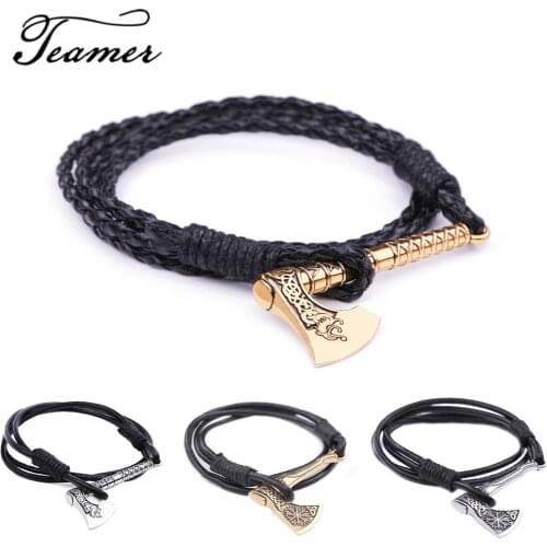 Teamer Antique Gold Color Wicca Norse Viking Axe Bracelets Knot Dragon Talisman Rune Axe Symbol Leather Bracelet Jewelry