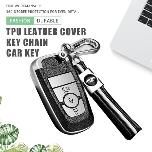 TPU Leather Car 3Button Key Case Cover Keychain for Ford Fusion Mustang Explorer F150 F250 F350 Ranger Mondeo2017-2021 Protector