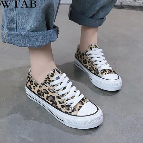 WTAB 2019 Spring Women Flats Leopard Lace up Comfort Shoes Ladies Canvas Vulcanized Shoes Female Sneakers Fashion Casual Shoes