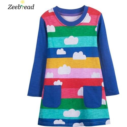 Zeebread 2021 Princess Girl Dresses With Pockets Fashion Stripe Baby Clothes Clouds Print Toddler Frocks Long Sleeve Costume