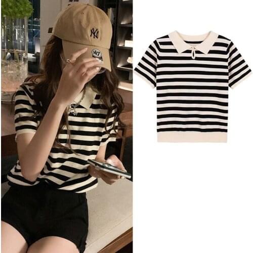 Gilrs Ladies Contrast Color Striped Short Sleeves One Size Polo Collar Shirts Hollow Out Button Deco T-Shirt