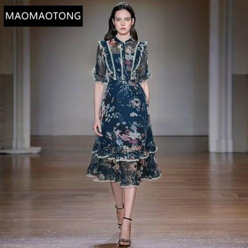 Womens Clothing Fashion Designer Dress Summer Womens Dress Stand collar Butterfly Sleeve Ruffles Floral-Print Dresses