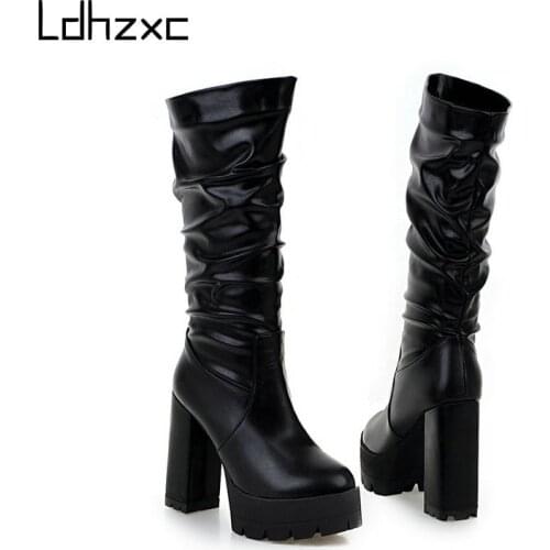 LDHZXC Band Designer Pu Leather Women Knee High Boots Round Toe Boots Women Long Platform High Heel Boots Black
