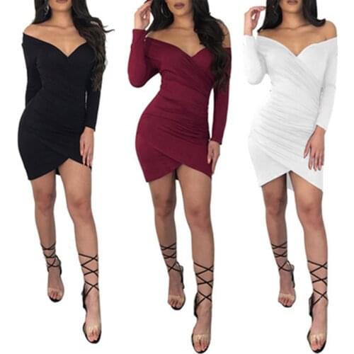 Sexy Women Bandage Mini Dress New Fashion Off Shoulder Deep V-Neck Bodycon Dress Long Sleeve Club Sheath Wrap Dresses