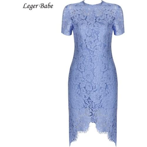 Women Blue Lace Dress O-Neck Short Sleeve Dress Bodycon Cheap High Quality Sexy Summer Split Knee-Lenght Dress Vestidos
