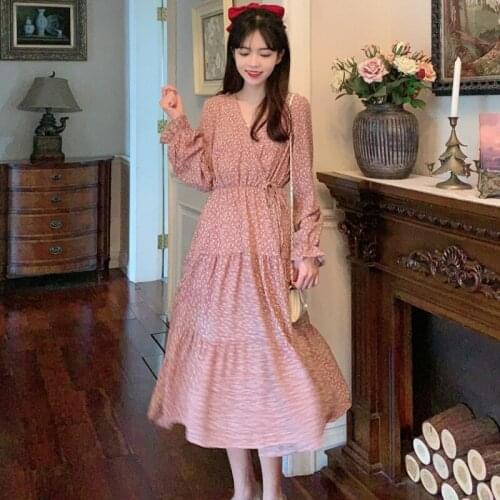 Woman Dress Autumn 2021 Korean Fashion Elegant Retro Gentle Printed V-Neck Waist Tie Floral Long Dresses Vestidos