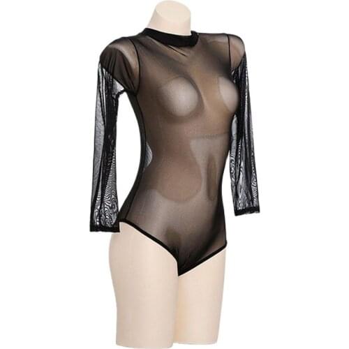 Women Sexy Lingerie See Through Mesh Leotard Long Sleeve Sheer Turtle Neck Bodysuit Bandage Top Exotic Underwear Babydoll