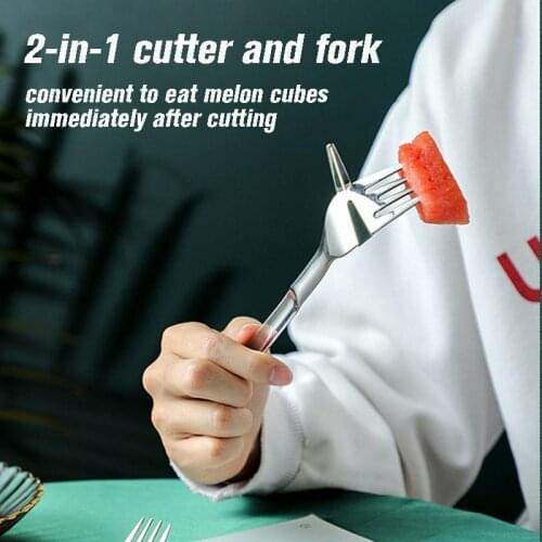 2 in 1 Watermelon Fork Fruit Cutting Slicer Stainless Steel Fork Ice Cream Dessert Spoon Summer Tableware Knife Kit Kitchen Tool
