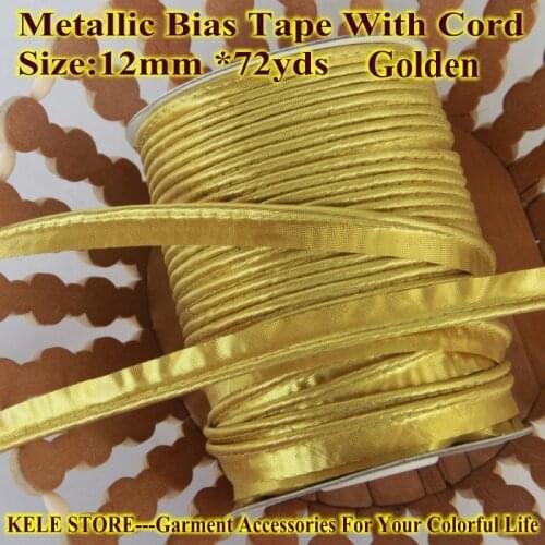 Free Shipping-Metallic Bias Tape with cord,Gold/Golden color,bias Piping tape,size:12mm*72yds,1/2",metallic piping metallic bias