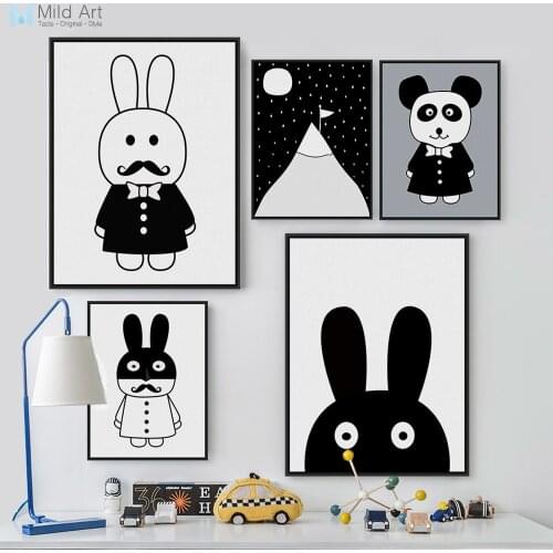 Black and White Animal Rabbit Panda Posters Print Baby Wall Pictures Nordic Style Kawaii Nursery Kids Room Decor Canvas Painting