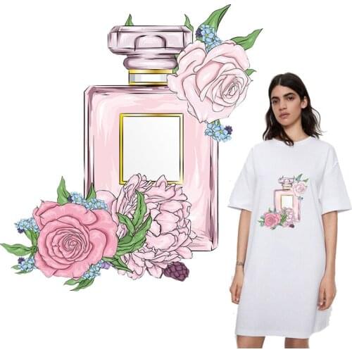 Flower perfume bottle stickers Iron on transfer for clothing heat iron on vinyl transfer patches on clothes women garment decor