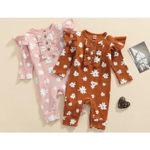 Baby Romper Long Sleeve Knitted Ribbed Baby Clothes Girl Rompers Floral Print Toddler Romper Infant Clothing 0-24 Months