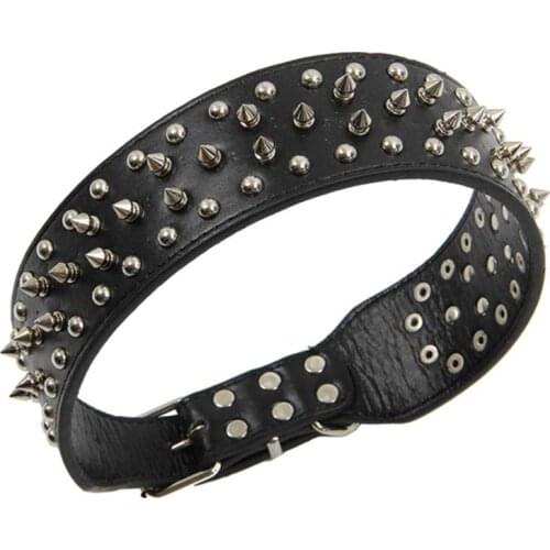 HOT-PU Leather Spiked Studded Dog Collar 2" Wide 31 Spikes 52 Studs-Black M