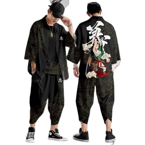 Kimono Man Japanese Clothes Yukata Male Samurai Costume Haori Obi Mens Kimono Cardigan Japanese Streetwear Jacket Pants DE38