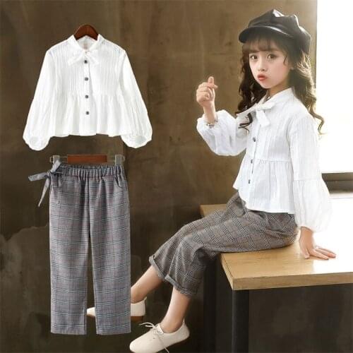 Girls Spring Fall Clothing Set New Korean Little Kids Bow Long Sleeve Cotton Shirt + Plaid Pants 2 Pcs Suit Children Clothes B84
