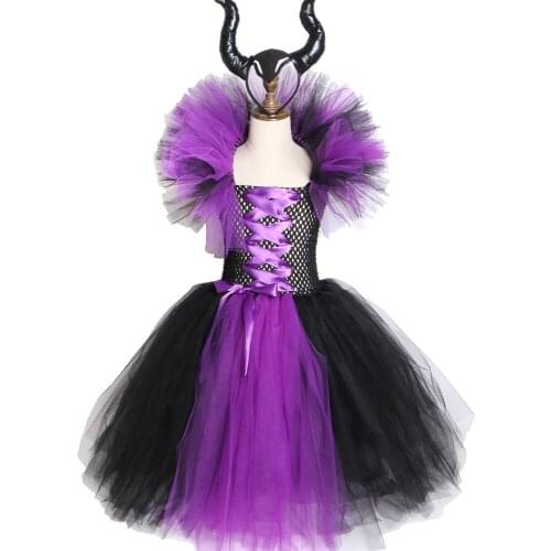 Maleficent Evil Queen Girls Tutu Dress with Horns Halloween Cosplay Witch Costume for Girls Kids Party Dress Children Clothing