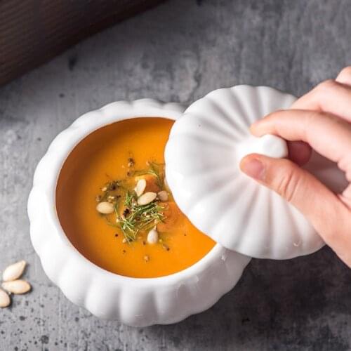 Cute Pumpkin Soup Cup with Cover Baking Bowl Ceramic Rice Bowl Baking Tableware Dessert Soup Bowl Water Stew Cup Creative Bowl