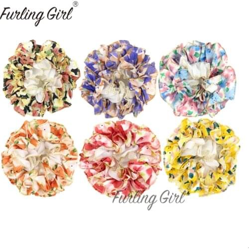 Furling Girl Fashion Chiffon Hair Scrunchies Golden Trim Floral Printing Hairbands Quality Gum Hair Accessories for Women