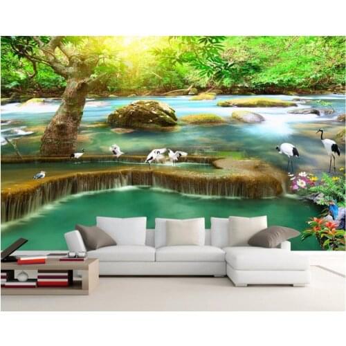 Custom mural 3d room wallpaper Sunshine forest waterfall cranes home decoration painting 3d wall murals wallpaper for walls 3 d