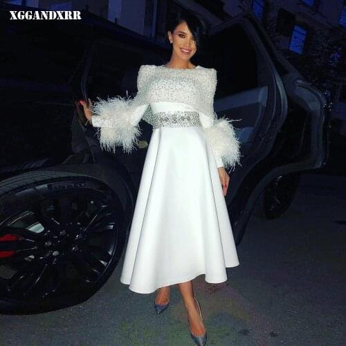 New Arrival A-Line Prom Dress 2022 Satin Feathers Pearls Cape Crystal Ankle-Length White Long Sleeves Evening Dress Custom Made