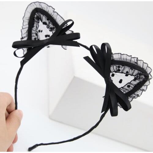 New Mesh Lace Cat Ear Hairband with Bell Cosplay Ribbon Bow Headband Costume Fox Ears Hair Bands for Women Girls Party Accessory