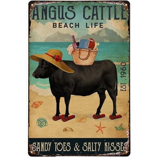 Beach Life Sandy Toes Angus Cattle Tin Sign Wall Plaque Poster for Home Decor for Bars, Restaurants, Cafes Pubs