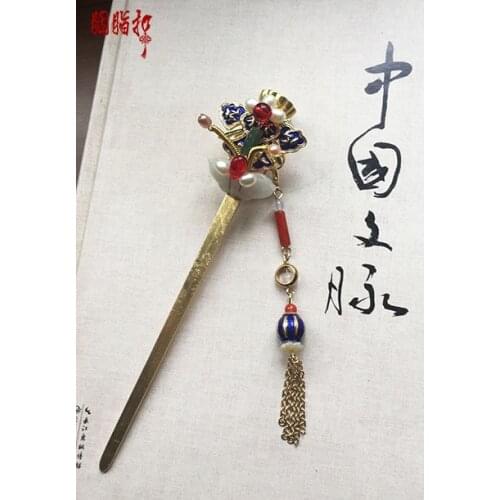 Lotus Seed Cloisonne Jadite Colored Glaze Hair Stick with Tassel Vintage Chinese Handmade Hair Jewelry Hanfu Cos Hair Accessory
