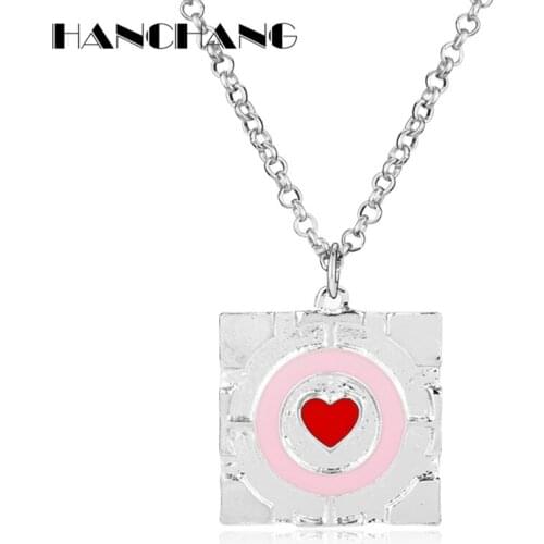 Portal companion cube necklace Square Heart Pendant Necklace Movie Ornaments Women Girls accessories Jewelry Choker Necklace