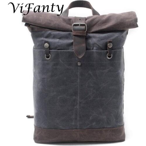 Vifanty Roll Top Waxed Canvas Leather Daypack, Cowhide Leather Weekend Travel Hiking Rucksack