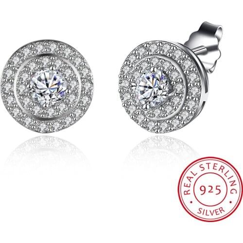 UFOORO 925 Silver Filled Fashion Jewelry Round White AAA Zircon Earrings For Women Bridal Stud Earrings Best Christmas Gift
