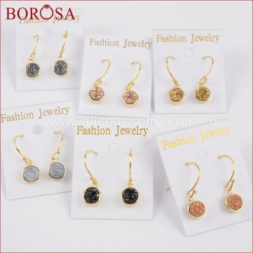 BOROSA Fashion Earrings for Women,Gold Bezel Round Rainbow Titanium Druzy Charm Drop Earrings Dangle Earrings Drusy ZG0160
