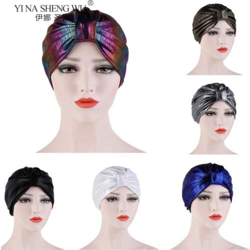 Women Fashion Turban Shiny Hijab Head Wrap Beanie Hat Muslim Chemo Cap Fashion Designs Solid Headwear Hair Accessories -8Colors