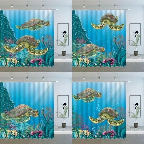 Cartoon Sea Turtle Shower Curtains Funny Ocean Animal Underwater World Coral Seaweed Scenery Kids Bathroom Decor Hanging Cloth