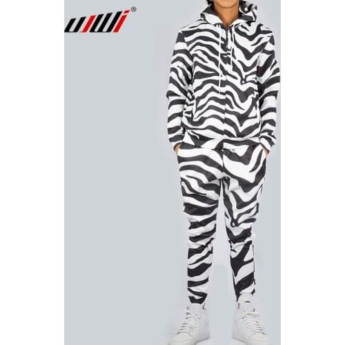 UJWI Fashion Men/Women 2 Pieces Tracksuit Set Harajuku 3d Black While Zebra Unisex Hoodies Sportswear Pant Suit Fitness Clothes