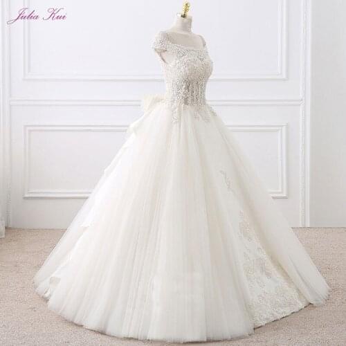 Julia Kui Real Photos Beaded Appliques Organza Ball Gown Wedding Dresses Lace Up With Bow Sashes Bridal Gowns Vestido De Novia
