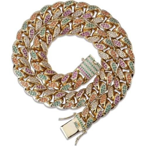 Hip Hop Multicolor AAA+ Cubic Zirconia Bling Ice Out Cuban Curb Miami Link Chain Necklace for Men Rapper Jewelry Gold Color